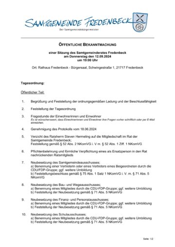 Seite 1 der Bekanntmachung zur Sitzung des Samtgemeinderat Fredenbeck am 12.09.2024.